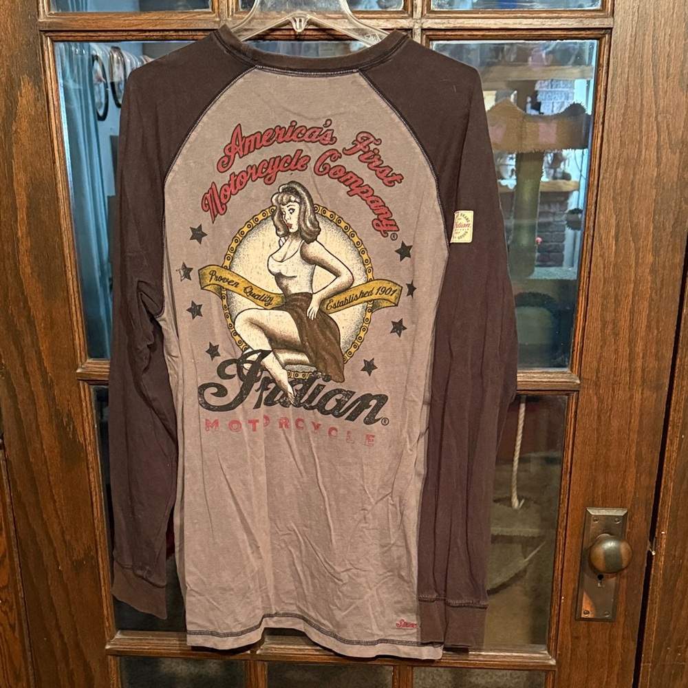 Indian Motorcycle Mens XL Long Sleeve Raglan Pin-up Girl Graphic Tee Brown Tan - Picture 7 of 7